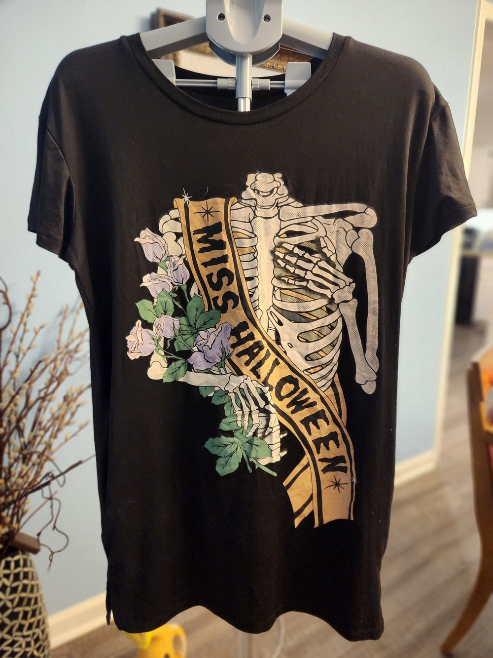 Black 'Miss Halloween' Skeleton & Floral Graphic Mini Dress With Pockets